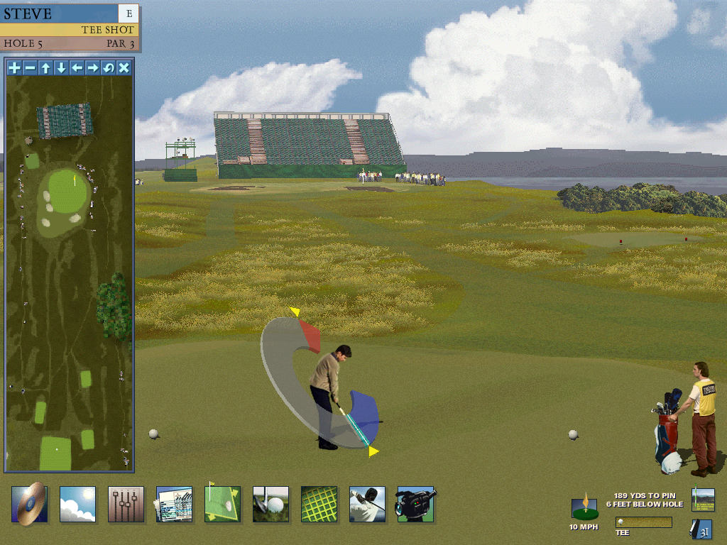 British Open Championship Golf (Windows) screenshot: Moving your cursor on your guy activates the power bar. You get two clicks once it's going, the closer those clicks are to the two yellow arrows, the more accurate your shot will be.