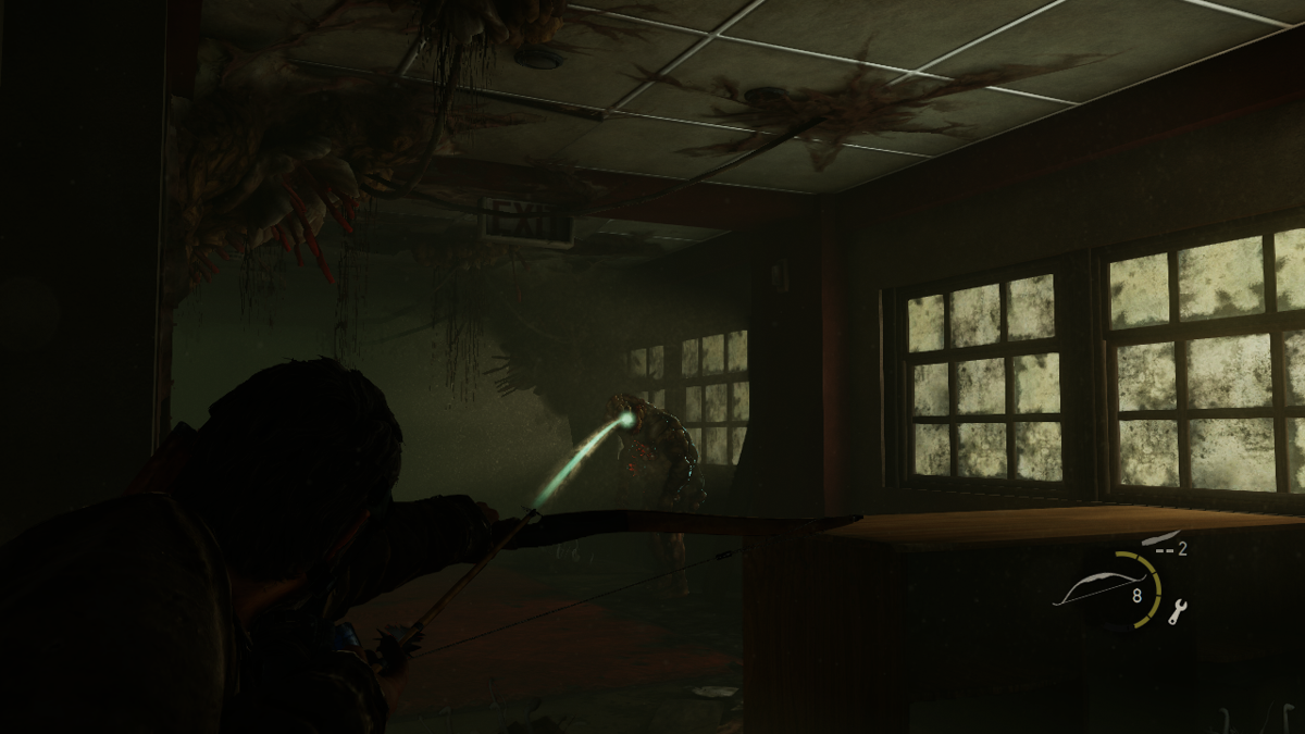 The Last of Us (PlayStation 3) screenshot: Use bow and arrows for stealth kills from afar. Wouldn't kill this guy though.
