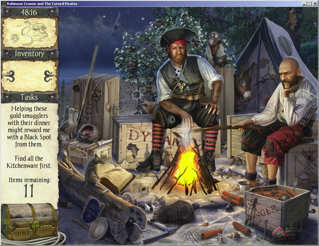 Robinson Crusoe and the Cursed Pirates (Windows) screenshot: These are not-so-jolly pirates. The player comes back here later in the game to retrieve pieces of the map which they get for cleaning up bird dung