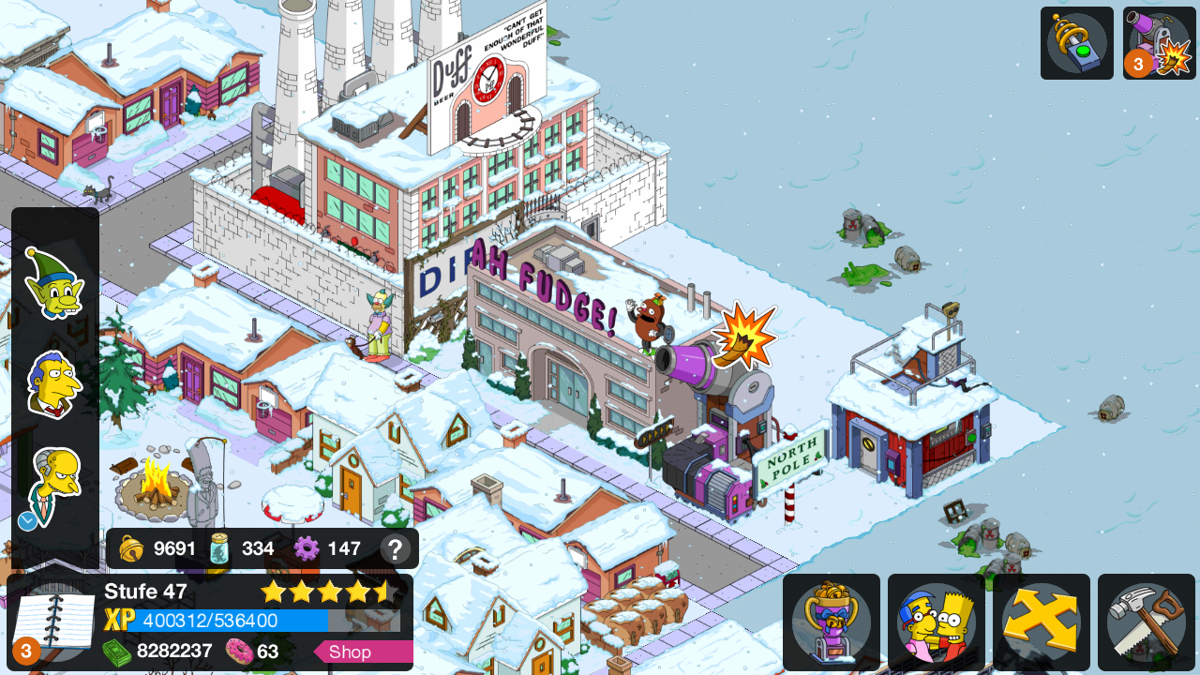 The Simpsons: Tapped Out (Android) screenshot: Post-Christmas 2014 event: Use the cannon to get rid of the Christmas Elves.