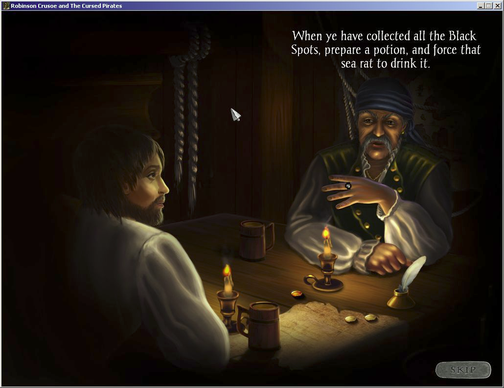 Robinson Crusoe and the Cursed Pirates (Windows) screenshot: This is how the game shows dialogue, nothing is spoken, everything must be read. Here the first pirate encountered sets out the nature of the quest to lift the curse