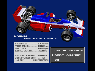 F-1 Spirit: 3D Special (MSX) screenshot: You can also change the car body