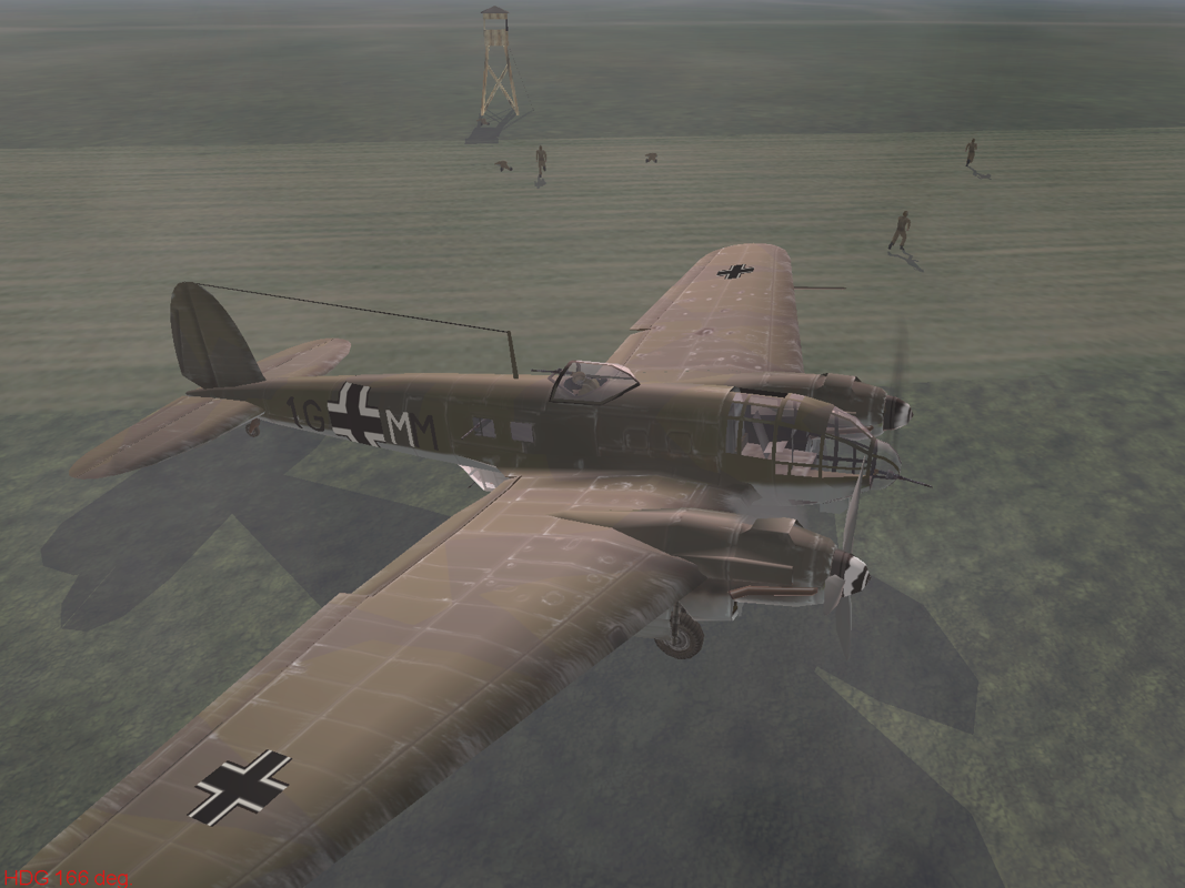 Forgotten Battles: Aces Campaigns (Windows) screenshot: This damaged He-111 made it back to base on one engine, the top gunner seems to have tired of it all though.