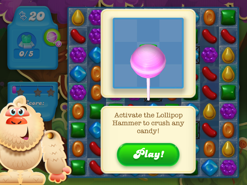 Candy Crush Soda Saga (iPad) screenshot: At level 7, you can activate the Lollipop Hammer to crush any one candy.