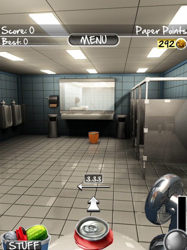Paper Toss 2.0 (iPad) screenshot: Throwing a crushed can in the restroom. You can get the can in the orange wastebasket or in either of the ones on the sides of the sink.