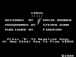 Virus (ZX Spectrum) screenshot: Title screen, with credits and a spinning polygon