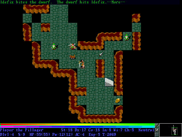 AllegroHack (DOS) screenshot: In the Gnomish Mines. The Barbarian's pet dog name is Idefix, a reference to the German translation of Asterix comics.