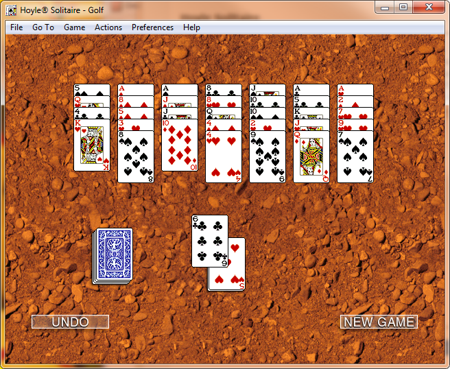 Hoyle Solitaire (Windows) screenshot: The basic game screen Nothing startling or special here. Cards are dragged into position. Moves can be undone by clicking on the Undo button or by CTRL/Z