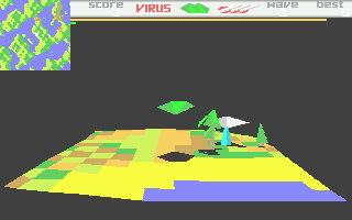 Virus (Atari ST) screenshot: Narrowly missing one of the polygon trees