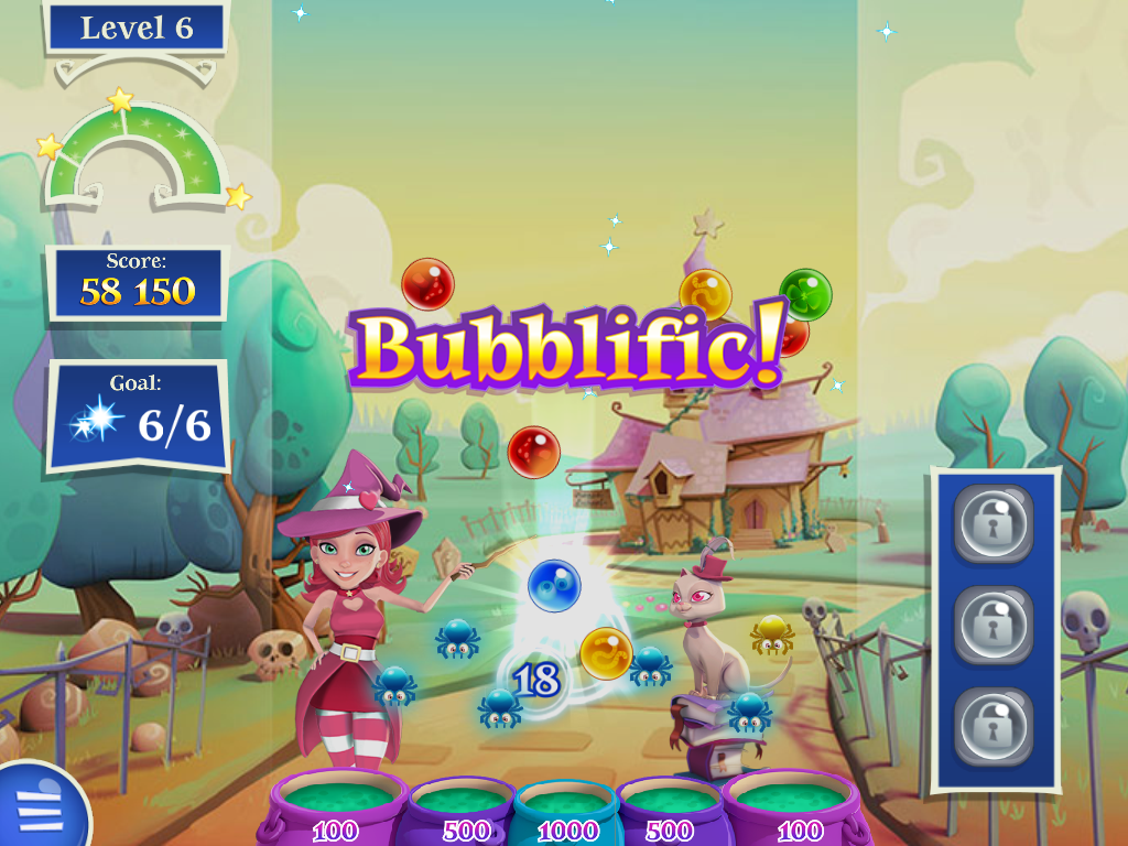 Bubble Witch 2 Saga (iPad) screenshot: If you clear a level with a great score, it might say "Bubblelific".