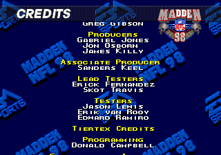 Madden NFL 98 (Genesis) screenshot: Part of the credits