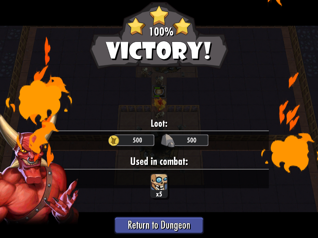 Dungeon Keeper (iPad) screenshot: Phatooey is defeated!