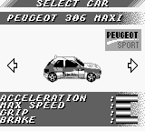 V-Rally: Championship Edition (Game Boy) screenshot: Car Selection