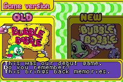 Bubble Bobble Old & New (Game Boy Advance) screenshot: Choosing a title version (original or revised).