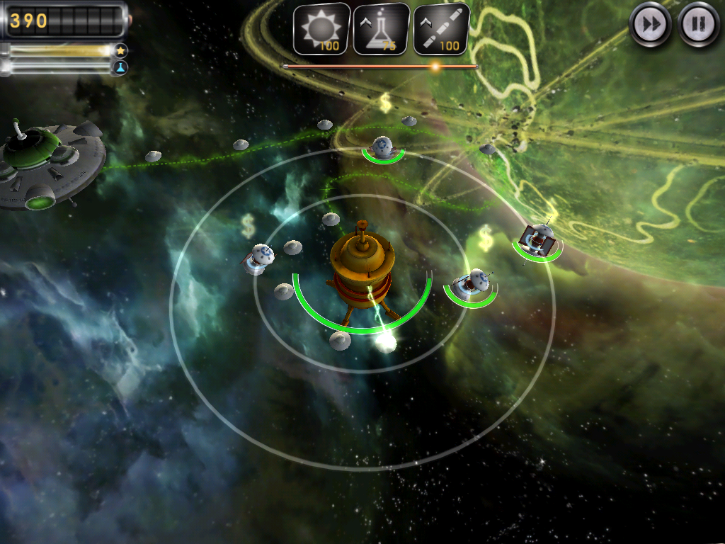Unstoppable Gorg (iPad) screenshot: They have bypassed my defense satellites and are attacking my base.