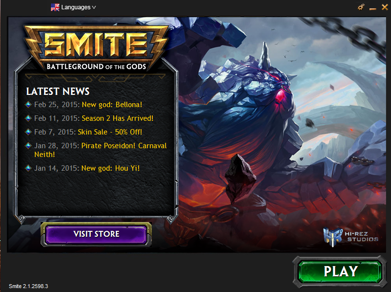 Smite: Battleground of the Gods (Windows) screenshot: After starting the game you end up in the launcher, featuring updates about the game and used for updating it.
