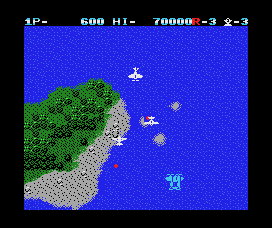 1942 (MSX) screenshot: (MSX1) Dogfighting above a small island