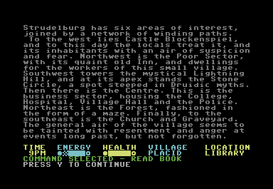 Mad Doctor (Commodore 64) screenshot: Reading a book about the village