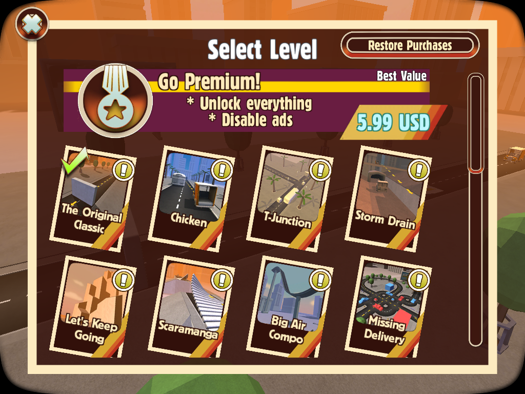 Turbo Dismount (iPad) screenshot: Choose your level