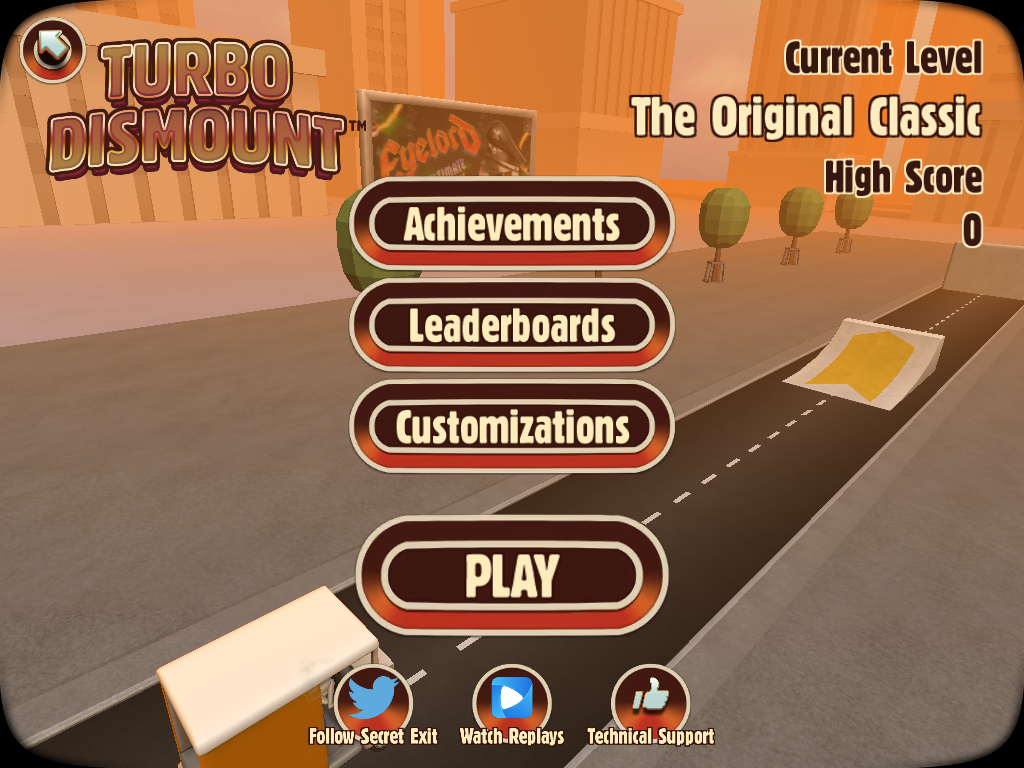 Turbo Dismount (iPad) screenshot: Title and main menu