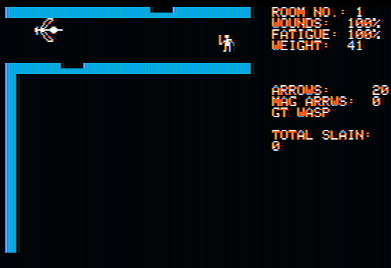 Dunjonquest: Hellfire Warrior (Apple II) screenshot: First room and there is already an enemy, a giant wasp.