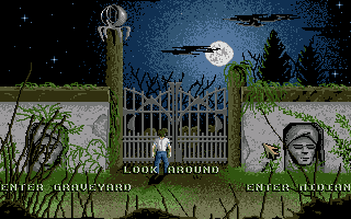 Clive Barker's Nightbreed: The Interactive Movie (Amiga) screenshot: Finally I end up at the gates to the graveyard. I have three choices here, and if I make the wrong one I will be killed instantly and have to restart the game.