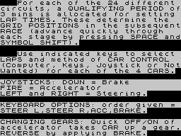 3D Stock Car Championship (ZX Spectrum) screenshot: Instructions
