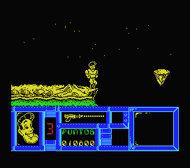 Freddy Hardest (MSX) screenshot: I need to make it to that floating rock.