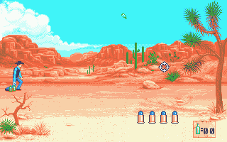 Buffalo Bill's Wild West Show (Atari ST) screenshot: Now intercept the bottles, Missile Command style