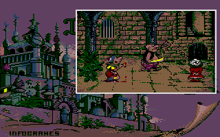 Iznogoud (Atari ST) screenshot: In the dungeon with the mad artist and the executioner.