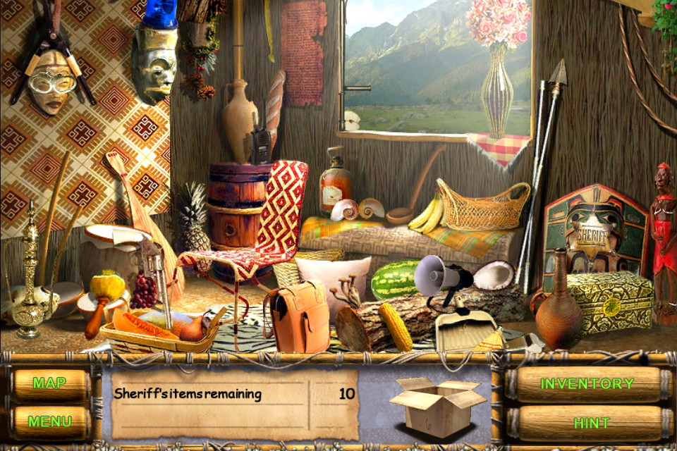 The Treasures of Mystery Island (iPhone) screenshot: Searching the shaman's hut for the Sheriff's items