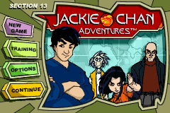 Jackie Chan Adventures: Legend of the Dark Hand (Game Boy Advance) screenshot: Main menu, where you can change some settings and continue a current adventure.
