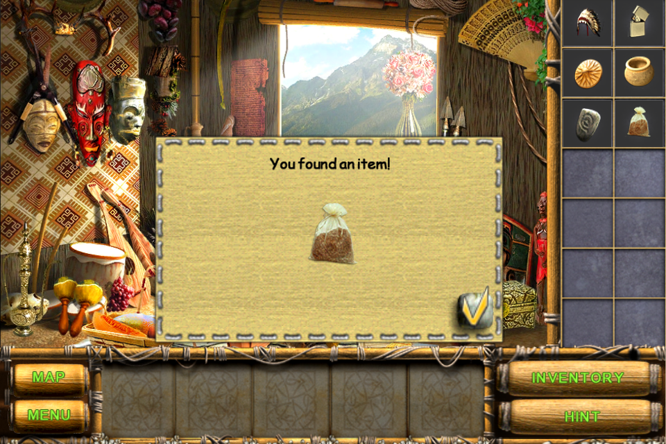 The Treasures of Mystery Island (iPhone) screenshot: I searched the shaman's hut and found the potion ingredients.