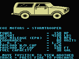 4x4 Off-Road Racing (MSX) screenshot: Choose a car. Cox Motors Stormtrooper