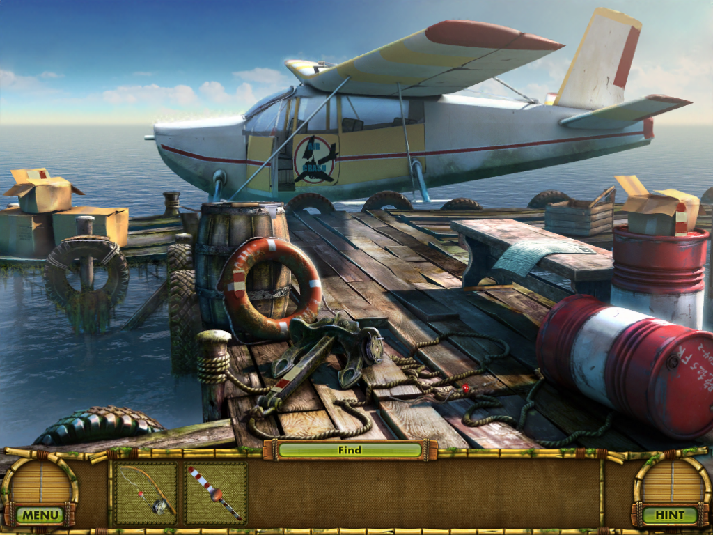 The Treasures of Mystery Island: The Ghost Ship (iPad) screenshot: Search the area for a fishing rod and propeller parts