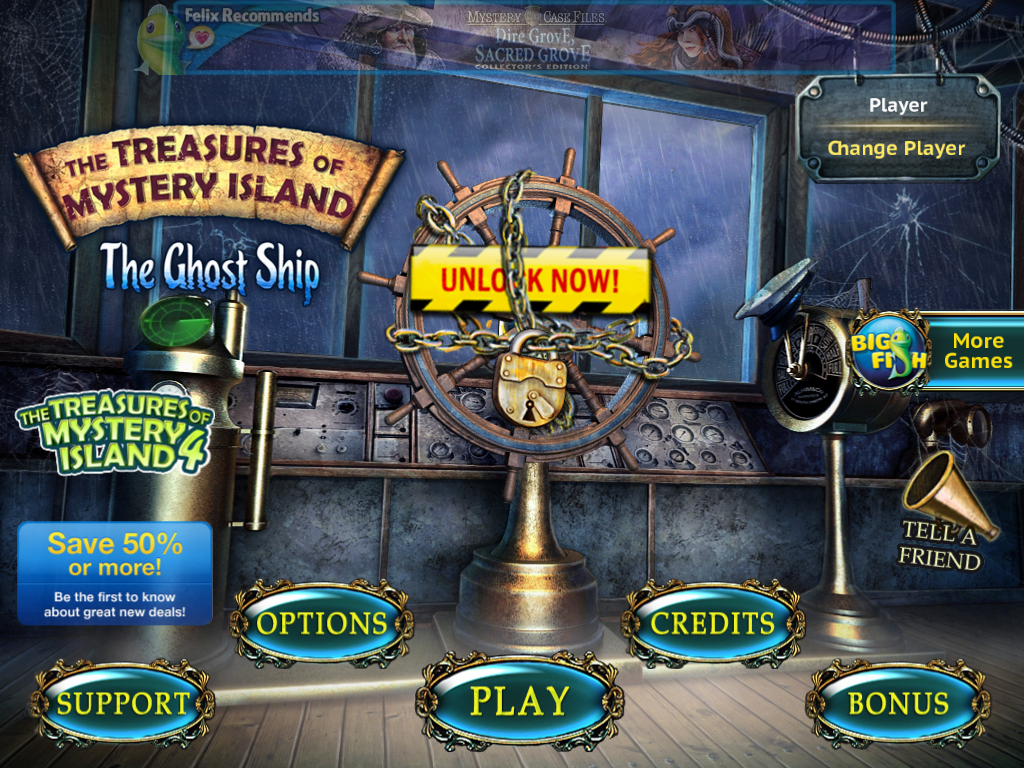 The Treasures of Mystery Island: The Ghost Ship (iPad) screenshot: Title and main menu