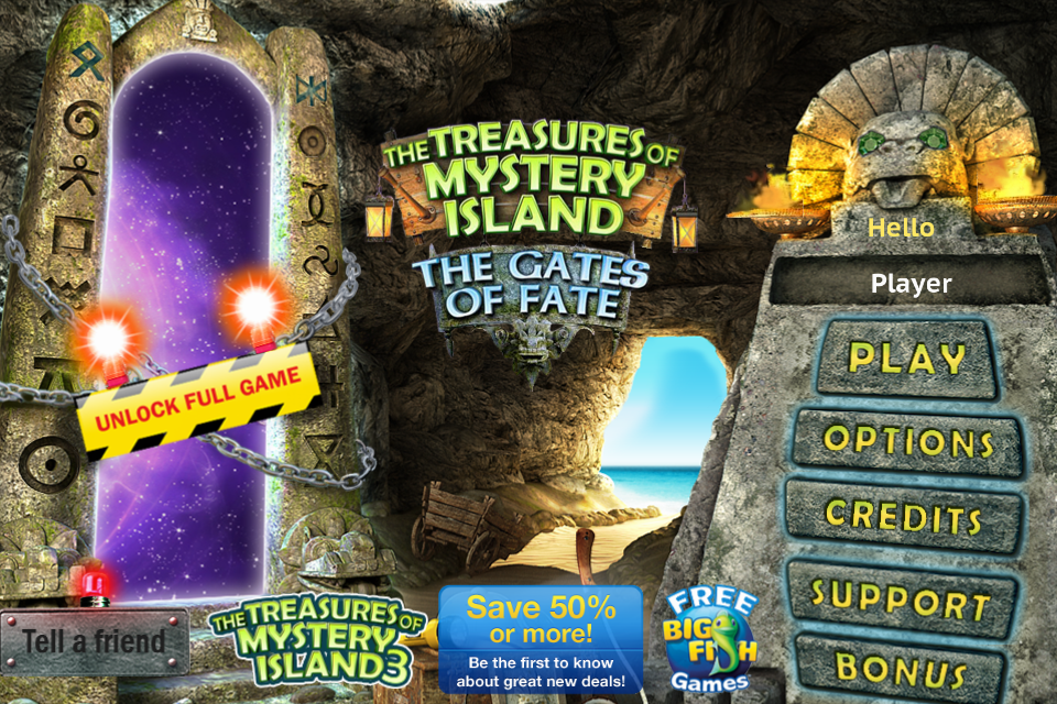 The Treasures of Mystery Island: The Gates of Fate (iPhone) screenshot: Title and man menu