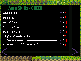 A Blurred Line (Windows) screenshot: Viewing Talans special skills - here you can see how many auras you still have to absorb to learn a skill.