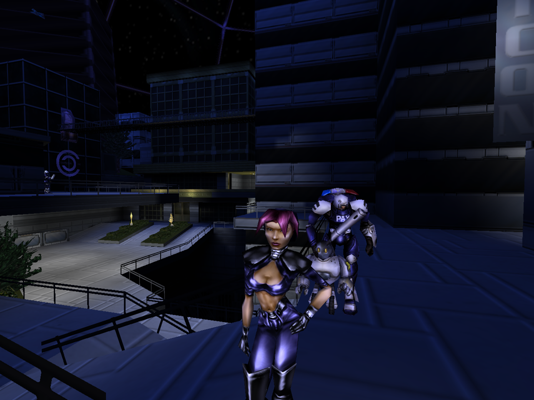 Anachronox (Windows) screenshot: Is this a robotic stick in your pocket or are you just happy to see me?.. Once Stiletto joins the party, you'd be tempted to put her in the lead