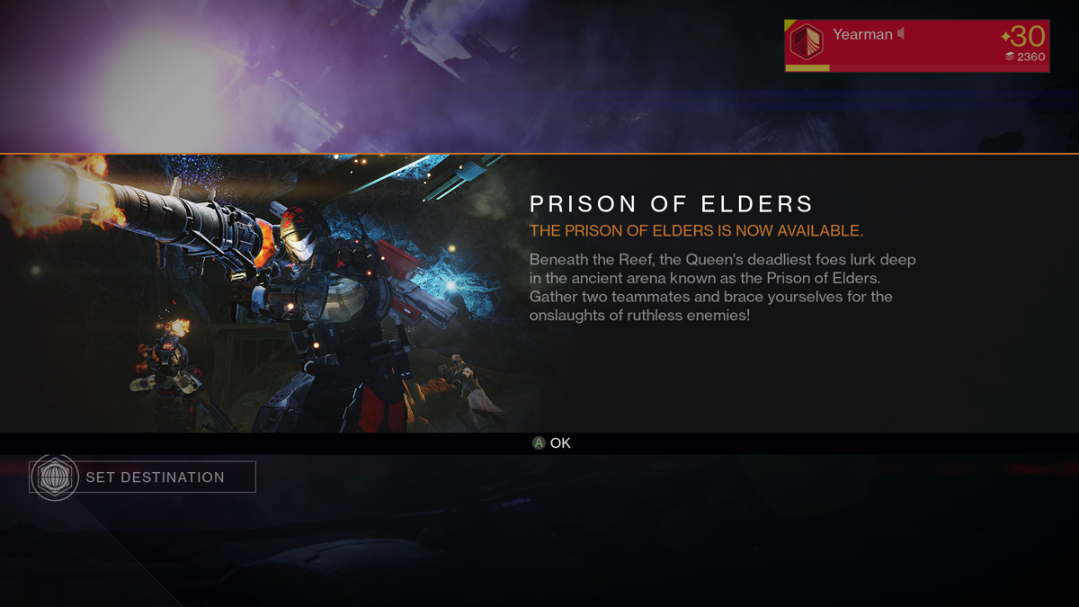Destiny: Expansion II - House of Wolves (Xbox One) screenshot: You need to finish all story missions in order to play the Prison of Elders co-op mode.