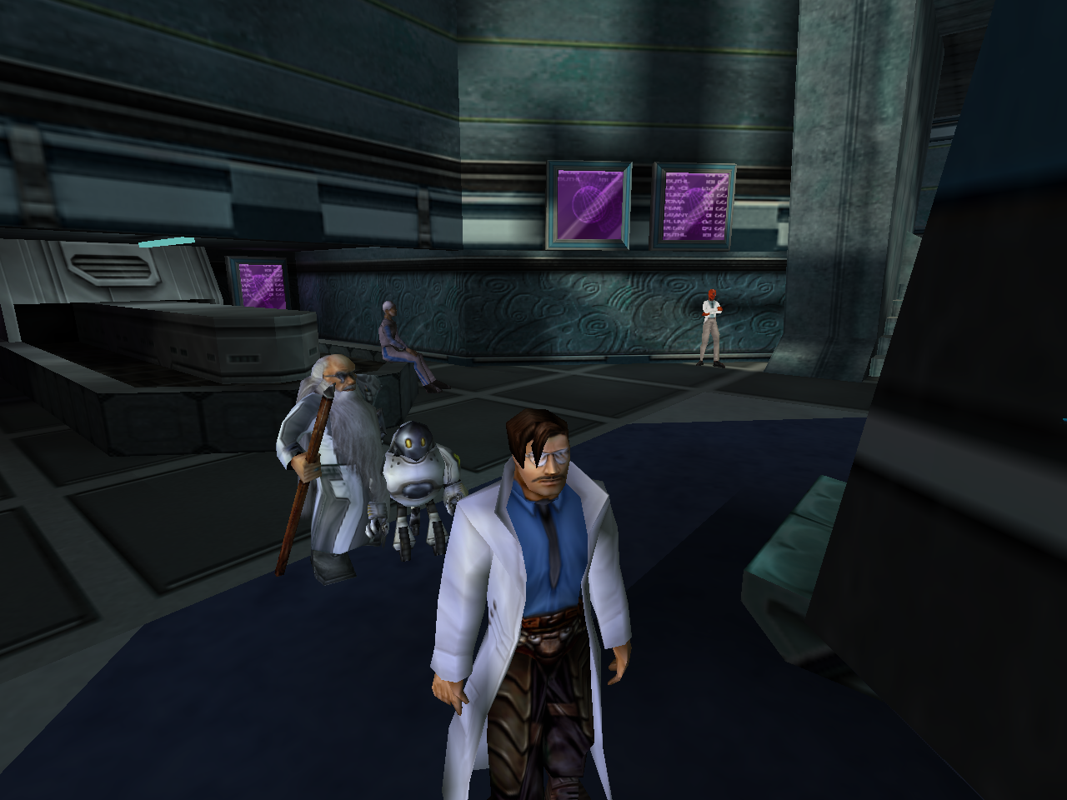 Anachronox (Windows) screenshot: The second main mission involves infiltrating a science center. Note our clever disguises! Sly's trusty robotic sidekick has joined the party