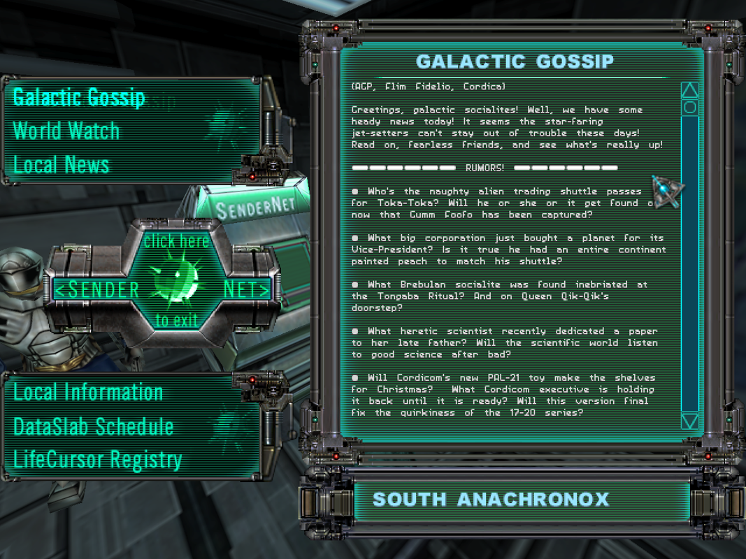 Anachronox (Windows) screenshot: These terminals can be accessed for news and information at several points in the game