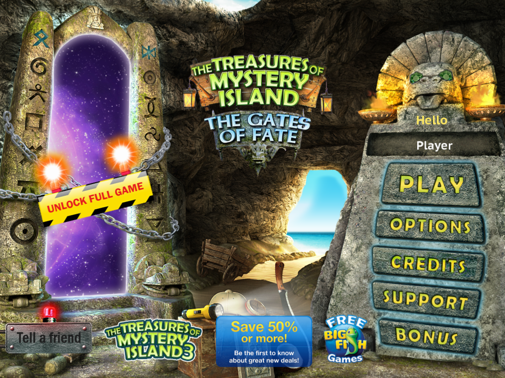 The Treasures of Mystery Island: The Gates of Fate (iPad) screenshot: Title and main menu