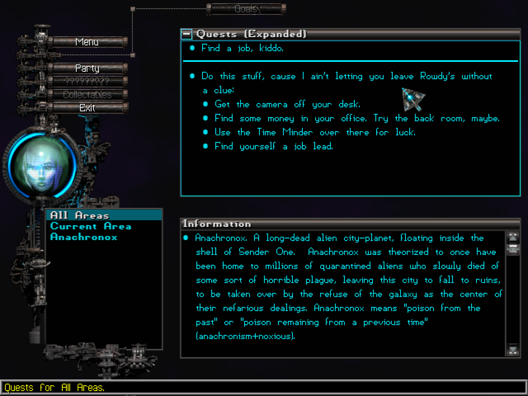 Anachronox (Windows) screenshot: Your quest log. Let's get to work, Sly!..