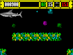 Jaws (ZX Spectrum) screenshot: Don't have the weapon, so will have to let it go