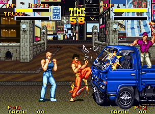 Burning Fight (Neo Geo) screenshot: Somebody's going to be paying for THIS totaled truck...