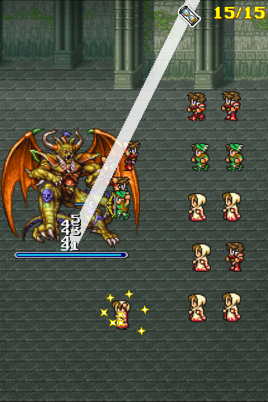 Final Fantasy: All The Bravest (Android) screenshot: A boss, Chaos, being blasted with white magic and pelted with arrows