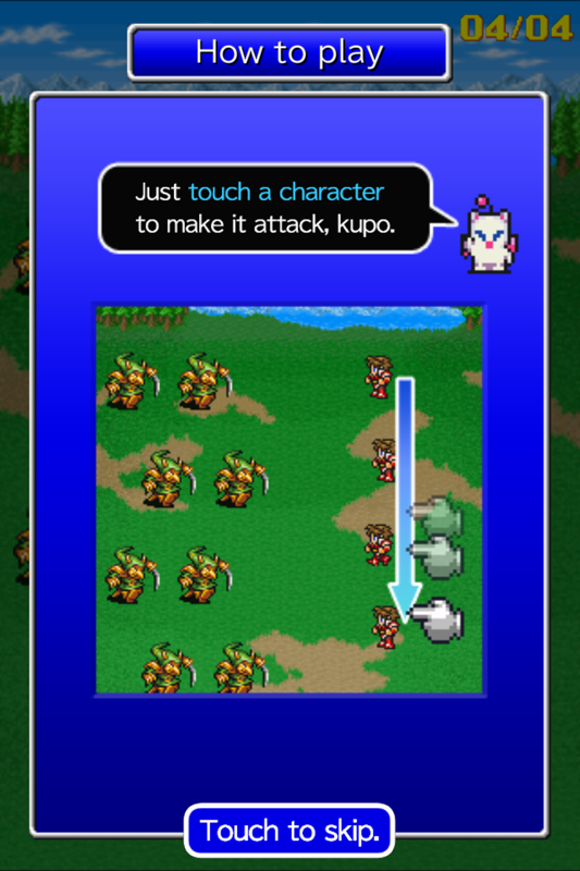 Final Fantasy: All The Bravest (Android) screenshot: Beginning of the game: your first battle. A Moogle delivers the tutorial messages.