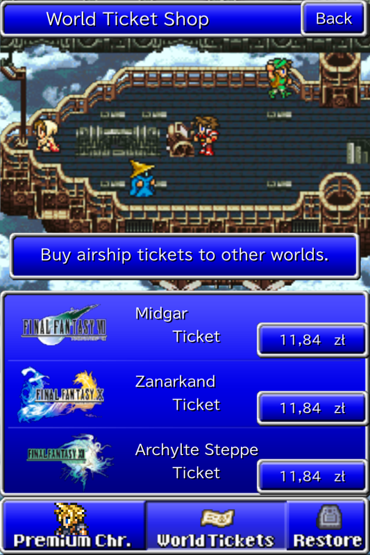 Final Fantasy: All The Bravest (Android) screenshot: Shell out some cash to visit the setting of one of the previous Final Fantasy games.