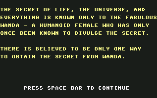 The Fabulous Wanda and the Secret of Life, the Universe, and Everything (Commodore 64) screenshot: Wanda's story